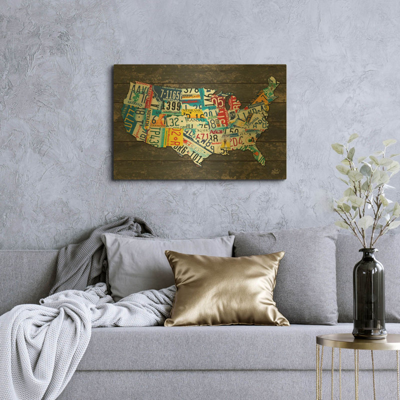 «USA Licence Plate Map» par Britt Hallowell, art mural en métal doré, 36 po x 24 po, 36"x24"