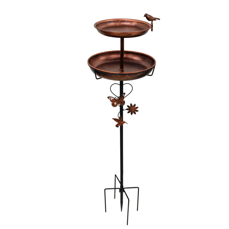 3-in-1 Vintage Iron Garden Bird Bath Bowl With Bird Feeder, Large Water Basin, 5 Prong Stakes
