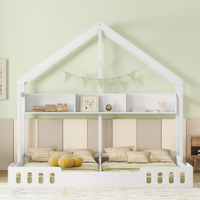 Wood Twin Size House Platform Beds,Two Shared Beds With Shelves And Guardrail by Harper Orchard