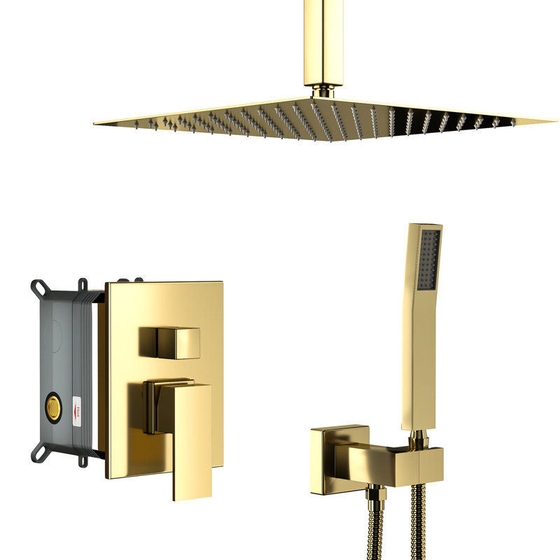 10 Inch Square Shower Head System - Gold Ceiling Mount Dual With Valve, Rainfall And Handheld, Easy To Install & Clean Installation