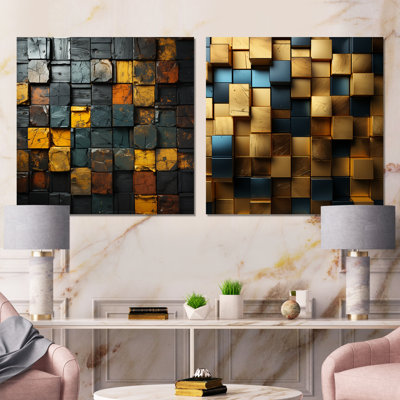 Grunge cubes dorés abstrait géométrique I - ensemble de 2 reproductions d'art abstrait géométrique