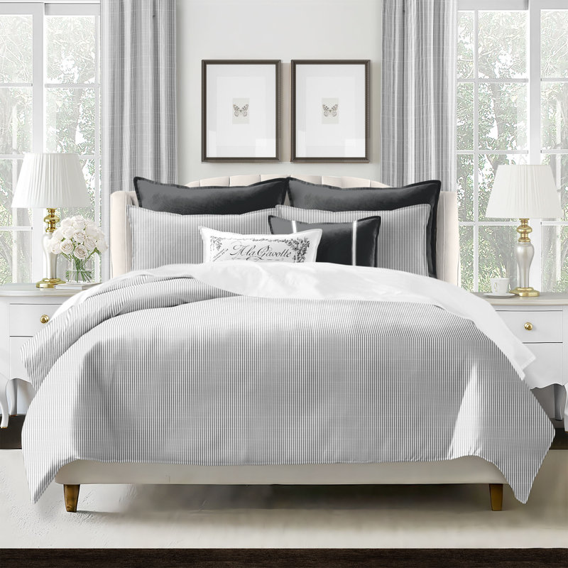 Jaxon Stripe Cotton Reversible Coverlet Set, Cal.King Coverlet/Bedspread + 2 King Shams, Ebony