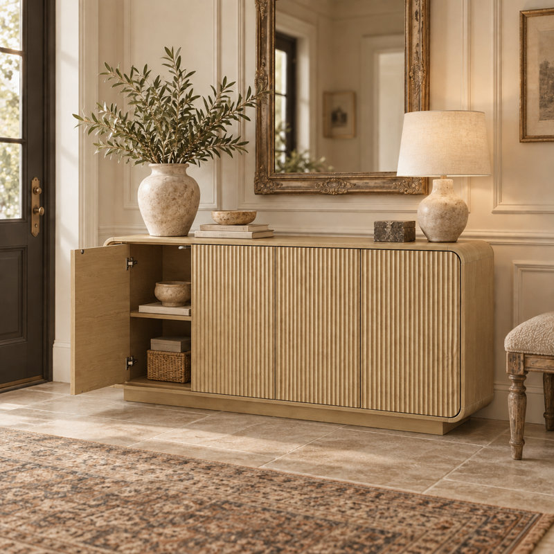 Buffet minimaliste à panneaux cannelés, sans poignées, idéal pour l'entrée, la cuisine, le salon et la chambre., Naturel