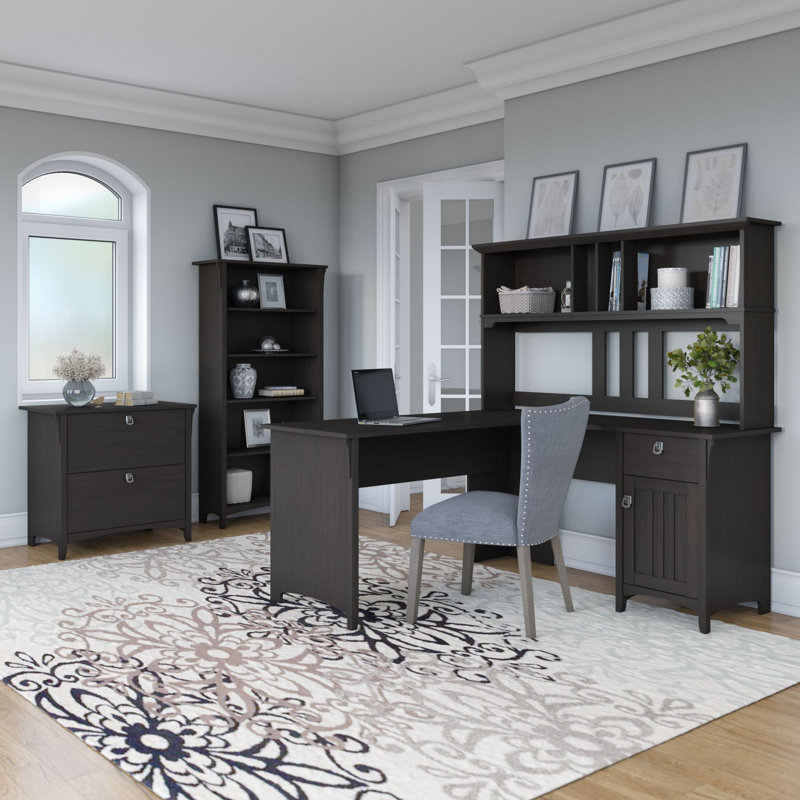 Ozro L-Shape Credenza Desk with Hutch, Vintage Black