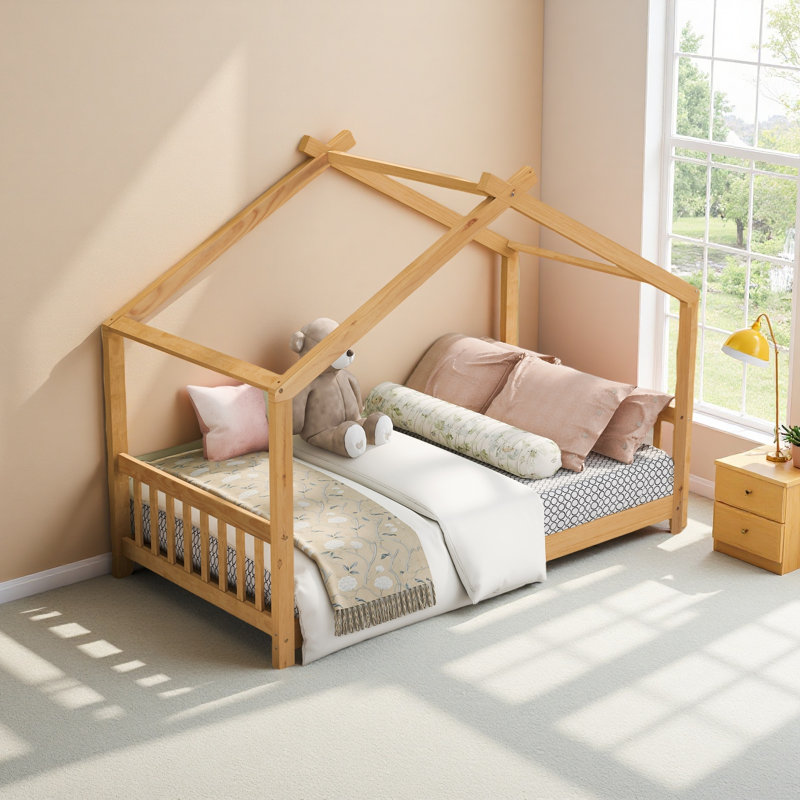 Lit plateforme House avec tête et pied de lit, toit, Naturel