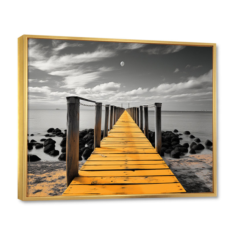 Bahraoui Beach Pier Point de vue noir sur toile, H 34 po x l 44 po x P 1,5 po, Cadre flottant doré