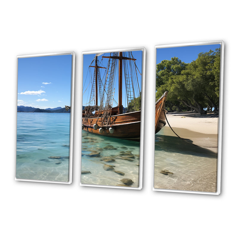 Bateau dans le paradis des sables blancs de Krabi - art mural plage, Cadre flottant blanc, H 32 po x l 48 po