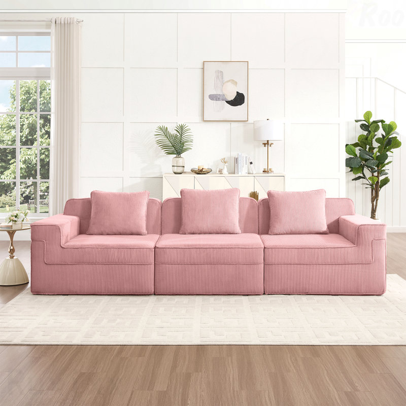 Canapé modulaire sans siège à 3 places - tissu velours côtelé, canapé Cloud, siège très profond, coussins décoratifs, 3, Rose