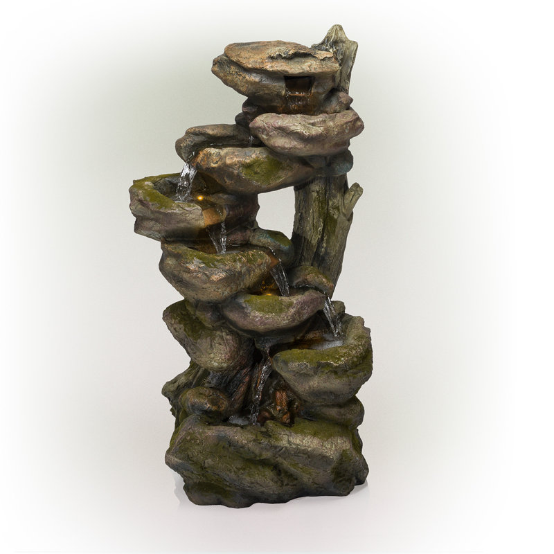 Rustic Gray and Brown Multi-Tier Stone Fountain with LED Lights