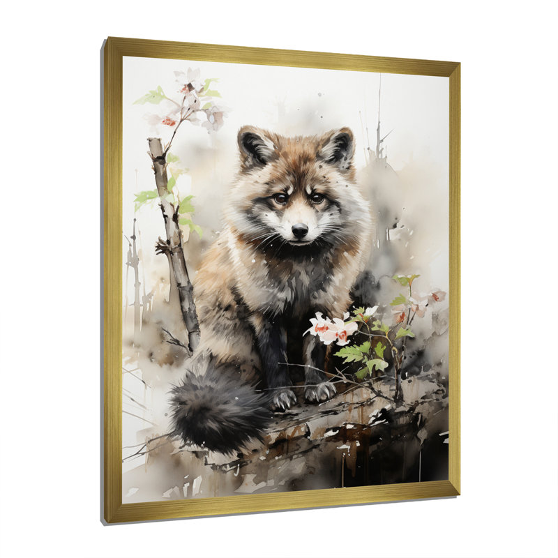 «Noordin Asian Art Raccoon Sumi II», reproduction sur toile, Cadre photo doré simple, H 40 po x l 30 po x P 1,5 po