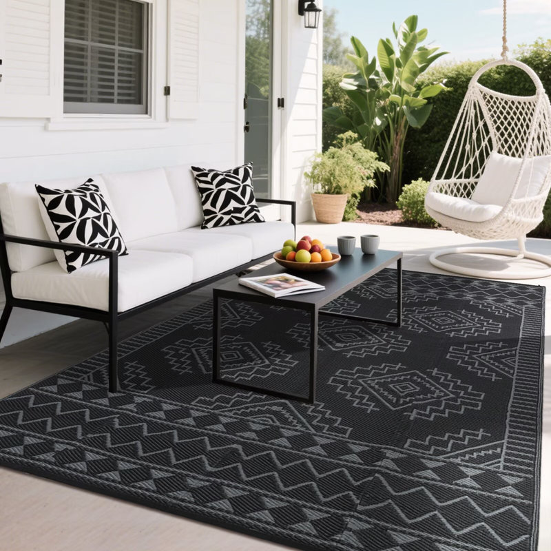 Large Outdoor Rug 8x10 Ft Waterproof Plastic Straw Rug Reversible Geometric Patio Carpet, Foldable Portable Camping Mat Picnic Mat with Stakes & Bag