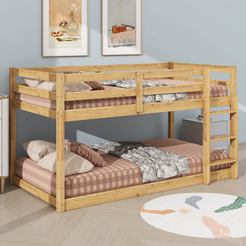 Twin Size Stacked Floor Bunk Bed With Ladder Included, Natural