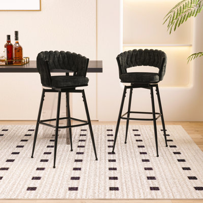 Of 2 Bar Stools, 28", Tan Technical Leather. 360 Swivel, Build Support, Upholstered Counter Stool With Back For Kitchen Island 28" Leather Woven . Upholstery, 360° Swivel. Metal Base Kitchen. Stool,