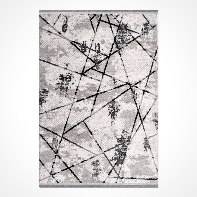 Tapis gris moderne / abstrait lavable à la machine, Rectangle 3 pi 4 po x 6 pi 7 po