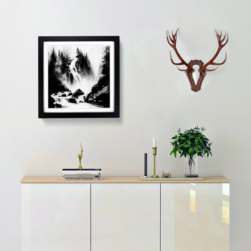 Waterfall Ink Wash - Framed Print, Black