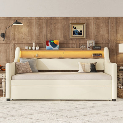 Twin Size Daybed With Trundle, Upholstered Daybed With Charging Station And LED Lights