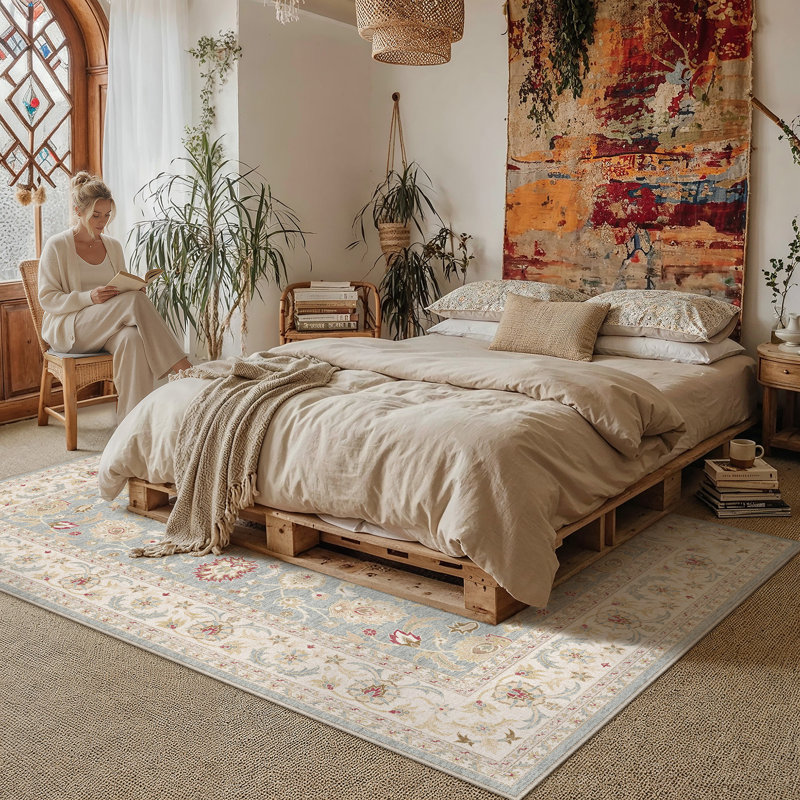 Luna Beige/Blue Machine Washable Oriental Area Rug, Rectangle 9 pi x 12 pi