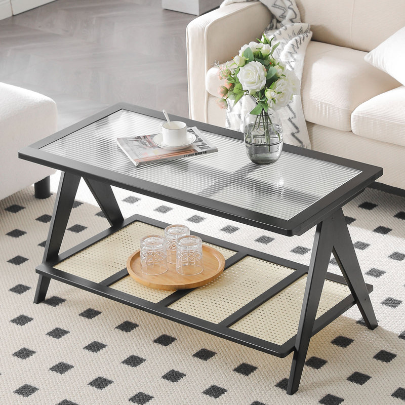 39.4" Glass Top Coffee Table with ABS Rattan Storage Shelf, Black