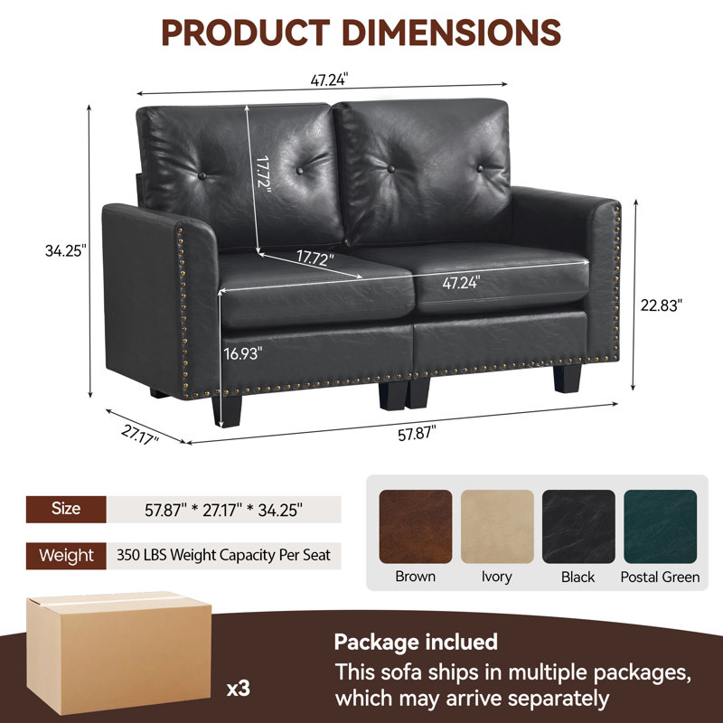 Canapé capitonné en similicuir avec garniture cloutée, conception modulaire, fauteuil d'appoint et canapé modulaire à 4 places