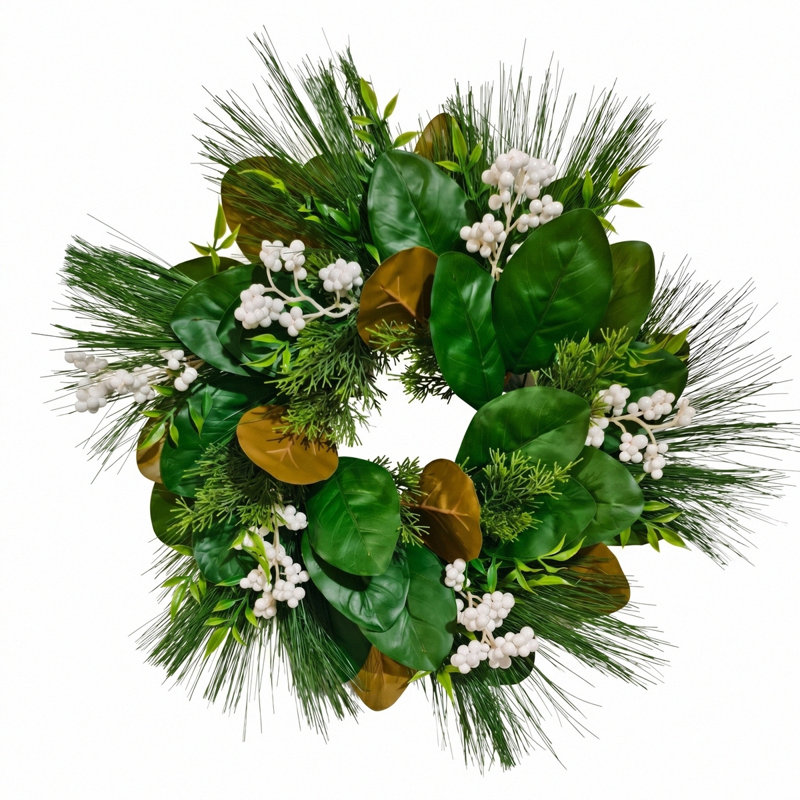 Couronne de 21,65 pouces de verdure artificielle pour porte d'entrée, feuille de pin mélangée, couronne de baies blanches de magnolia pour la maison de campagne d'hiver
