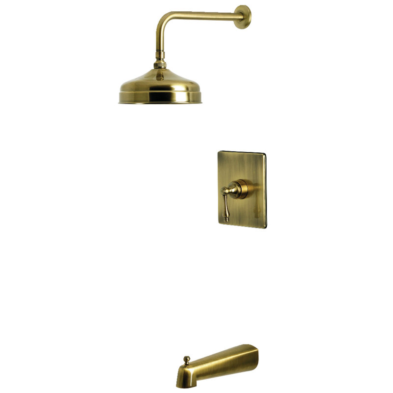 Robinet de baignoire et de douche à pression équilibrée à poignée simple Kingston Brass, Poignée levier, Laiton antique