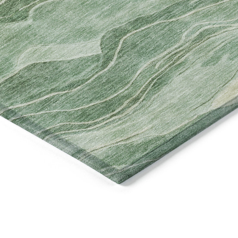 Green Striped Synthetic Washable Indoor/Outdoor Rug 46" x 30"