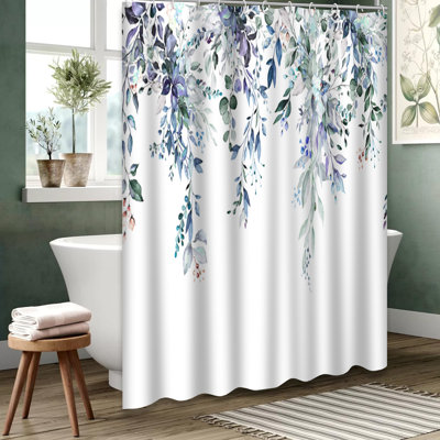 Blue Grey Watercolor Floral Herbs Shower Curtain with 12 Hooks