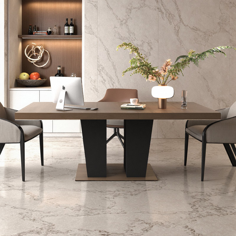 Table de salle à manger extensible en bois brun et brun avec base à double piédestal KELVIO - pour 4 à 10 personnes