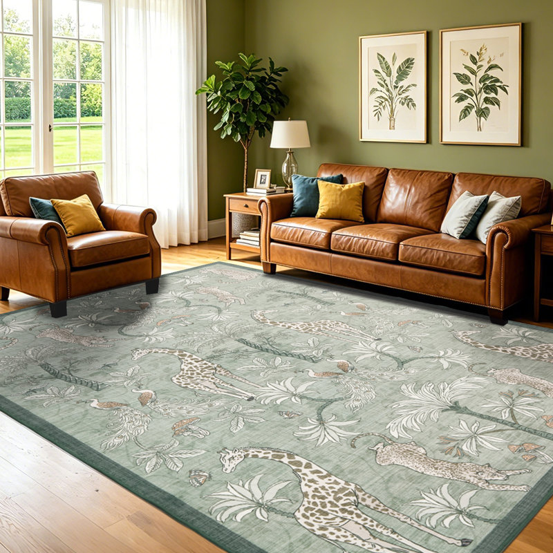 Tapis lavable à motif botanique tropical, Green, Rectangle 9 pi x 12 pi