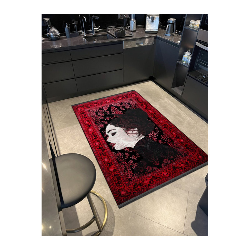 Tapis à motif frangé à motif lavabo noir et rouge Waso, Sous-tapis rond 3 pi 11 po inclus