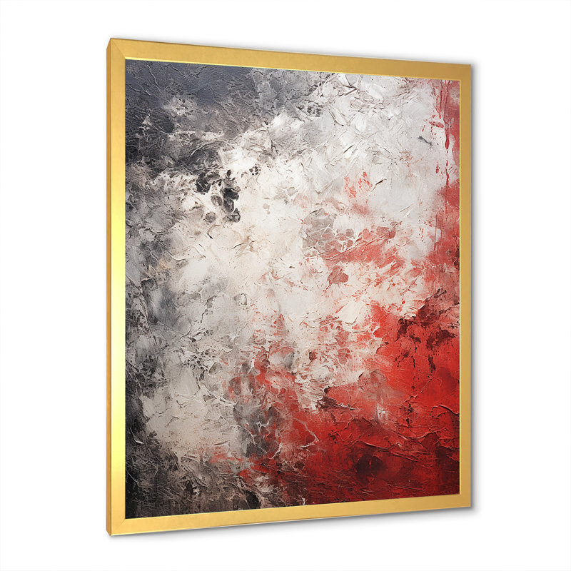 Surface lunaire grise et rouge - Décoration murale Tachisme, Cadre doré simple, H 20 po x l 12 po x P 1 po