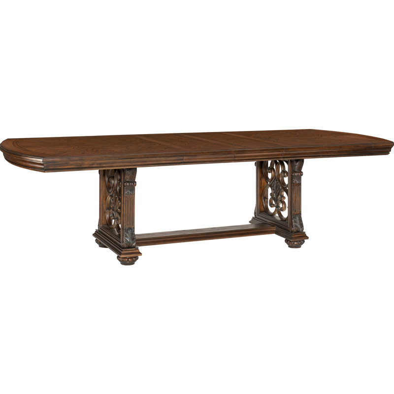 8 tables de salle à manger en chêne foncé avec frontons décoratifs et rallonge - Pièce de style traditionnel séparée pour 8 personnes