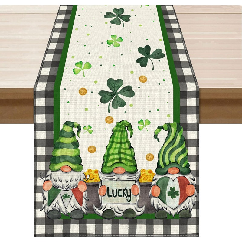 Plaid Gnomes, Shamrocks, And Clovers Table Runner, St. Patrick’S Day Party And Kitchen Decor