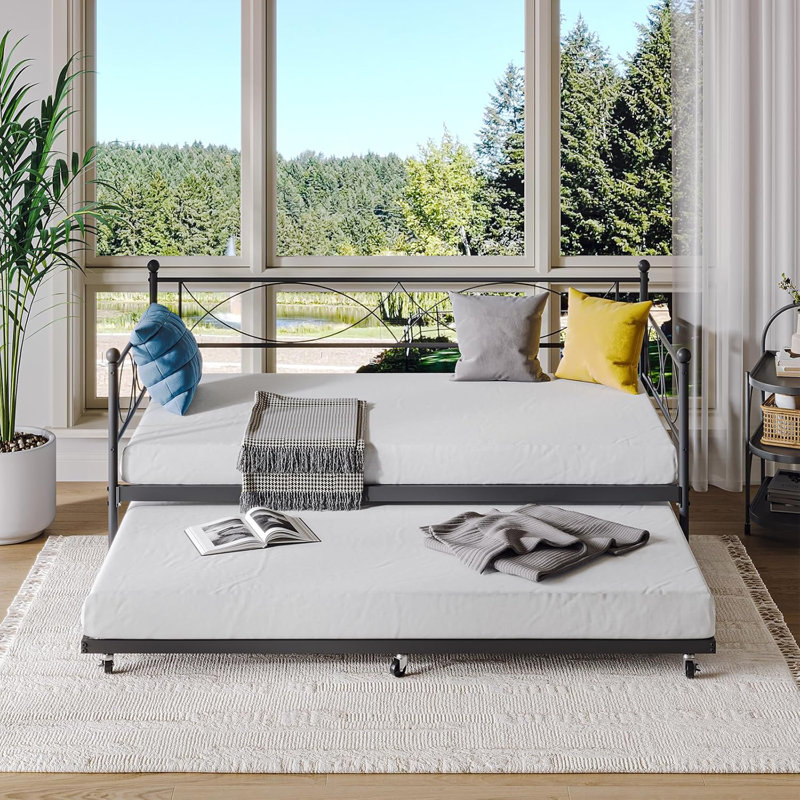 Twin Bed With Pull Out Trundle, Metal Twin Daybed And Trundle Set, Day Bed Sofa Bed Frame With Steel Slat Support, Multifunctional Daybed Frame For Bedroom, Living Room, Guest Room