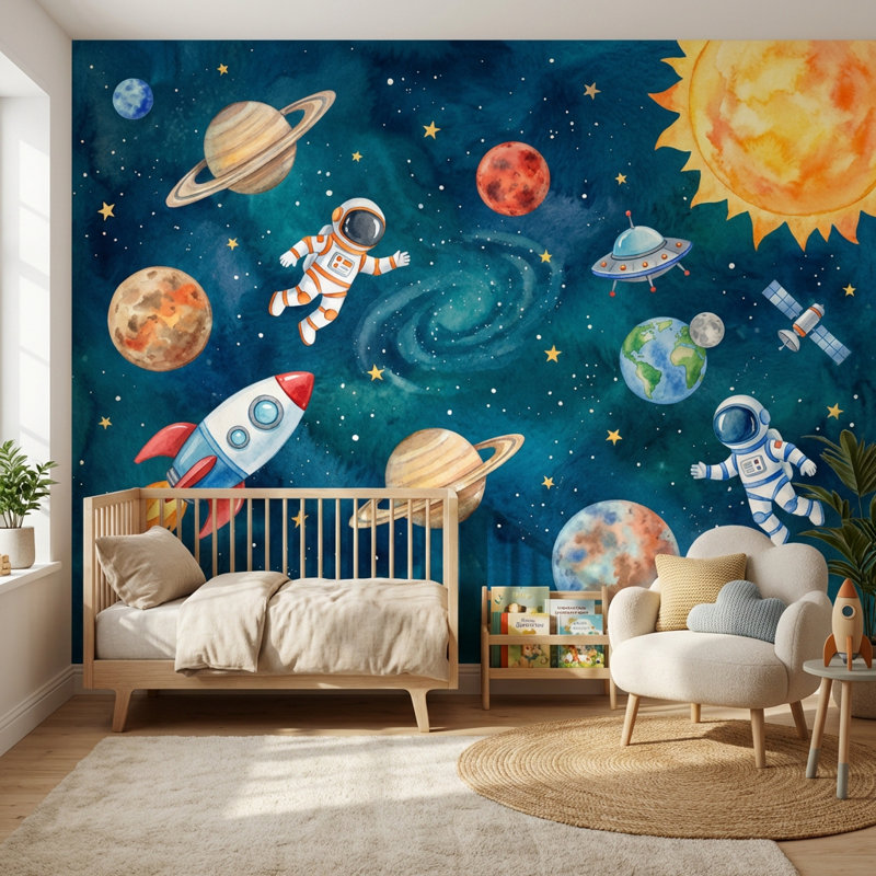 Papier peint fusée astronautes, Non-collé, L: 140 po x H: 96 po