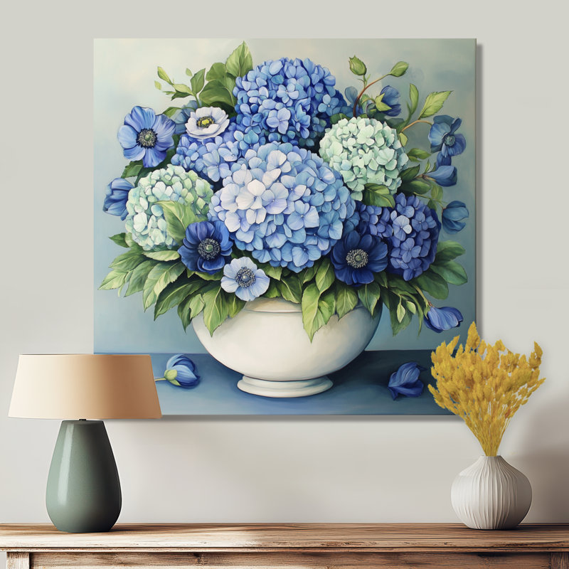 Bouquet bleu porcelaine - Décoration murale hortensia, imprimée sur métal, H 36 po x l 36 po