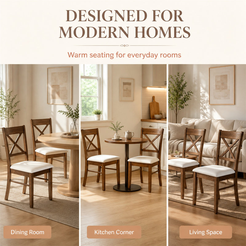 Ensemble de 2 chaises de salle à manger rembourrées, chaises de cuisine de style Mid-Century moderne avec structure en bois d'hévéa, siège rembourré, conception à dossier en X, finition noyer
