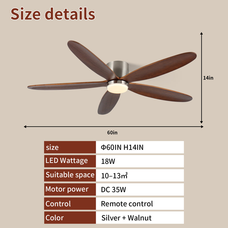 Ventilateur de plafond encastré 60 pouces avec lumière DEL 3CCT à intensité variable, 5 pales en bois massif sculpté, moteur CC réversible à 6 vitesses pour le patio de la chambre à coucher