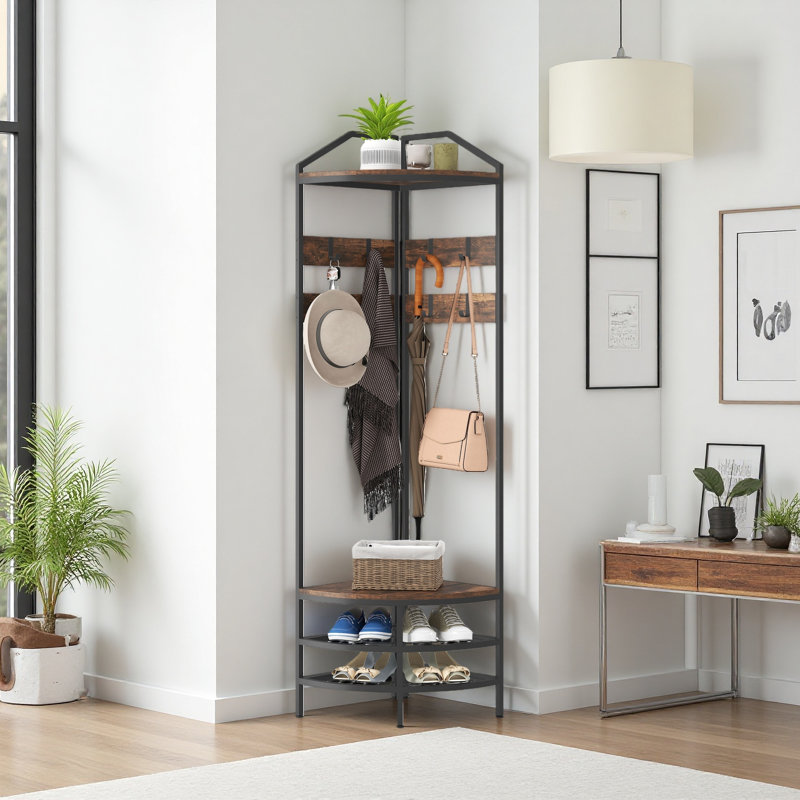 Coat Rack Corner Hall Tree, Industrial 4-Tier Coat Rack With Shoe Storage, 8 Movable Hooks And 2 Shelves