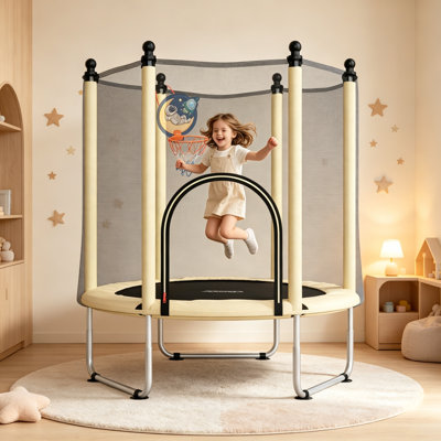 48" SUMIJ Kids Trampoline with Enclosure Net and Basketball Hoop – Mini Toddler Bouncer for Indoor & Outdoor Play