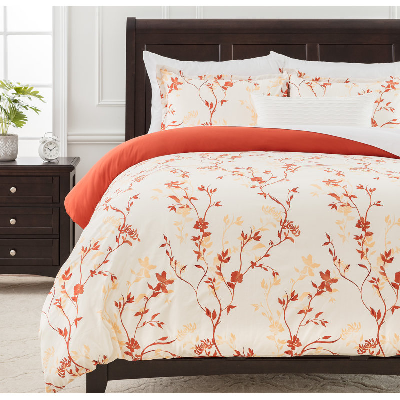 Ensemble de housse réversible pour couette, Housse de couette très grand et 2 taies, Floral orange