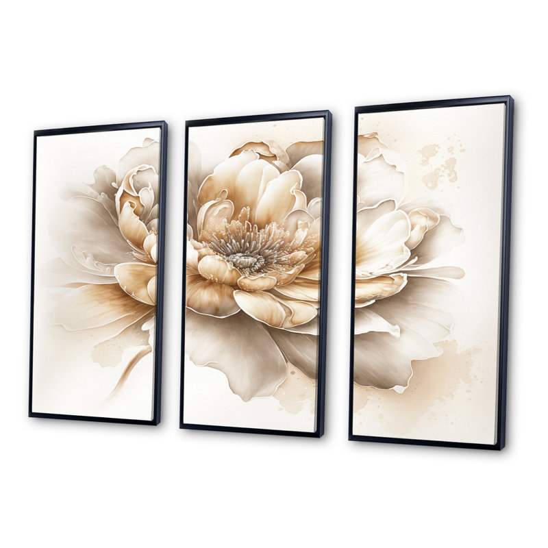 Indigold Beige Flower V - 3 pièces, reproduction sur toile, Noir, H 28 po x l 36 po x P 1 po
