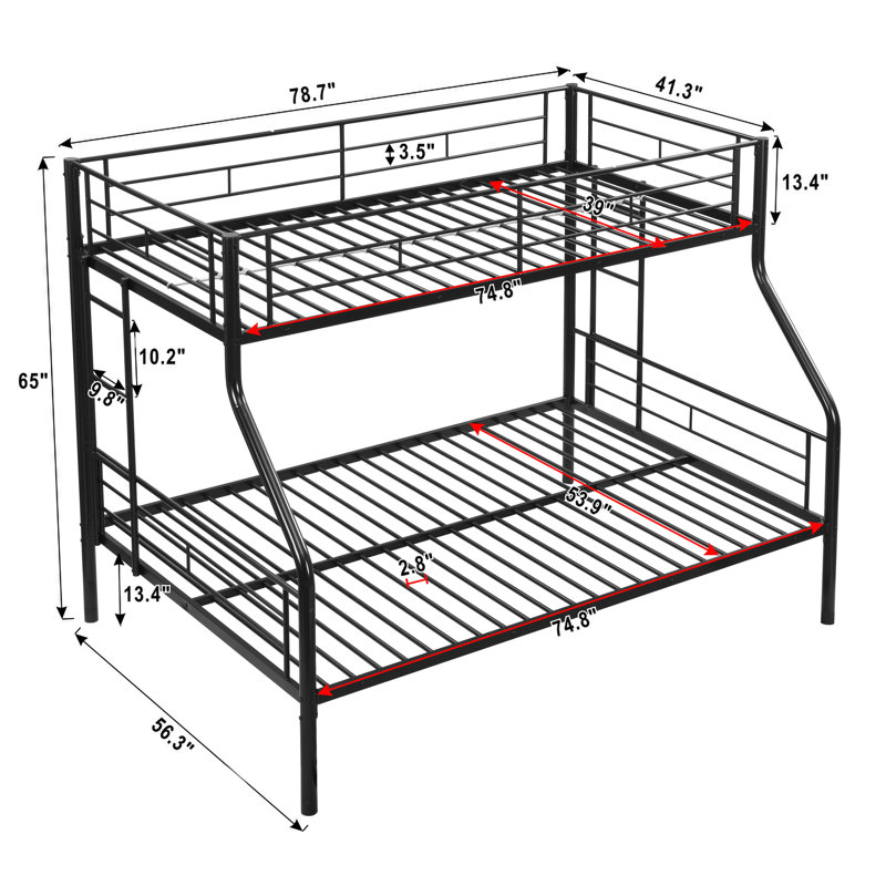Metal Twin Over Full Bunk Bed With Trundle, Ladder, Full-Length Guardrails, Noise-Free, No Box Spring Required