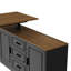 Bureau assis-debout en L noir/noyer de 140 cm (55 po) de large avec armoire de rangement et réglage en hauteur.