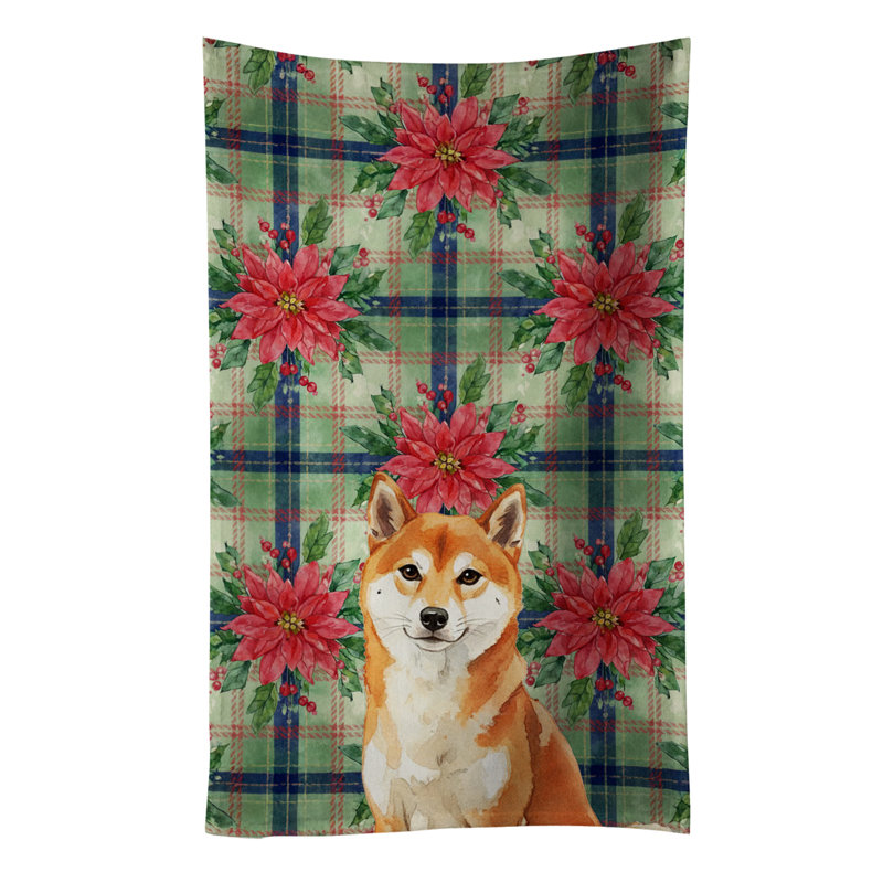 Red Shiba Inu Christmas PoinsettIas Kitchen Towel, Red Shiba Inu