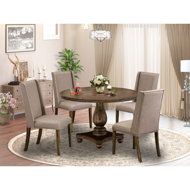 5 Piece Mid Century Modern Dining Set Contains a Modern Dining Table and 4 Dark Khaki Linen Fabric Dining Chairs with High Back - Distressed Jacobean Finish