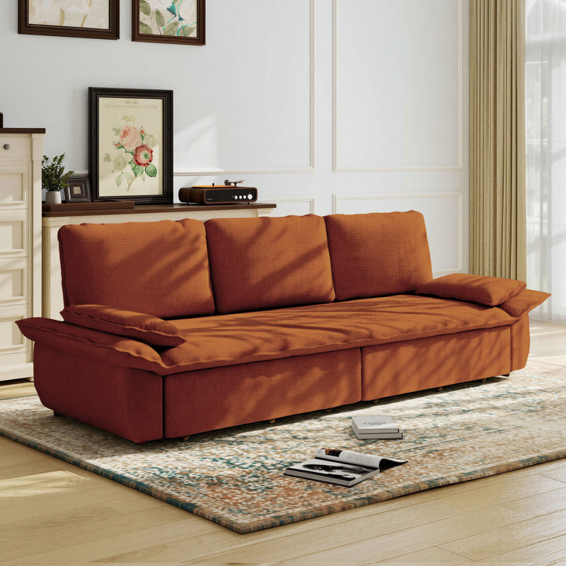 Divan-lit gigogne convertible 3-en-1 94,5 po très grand lit, causeuse multifonctionnelle en velours côtelé orange, 94.5"