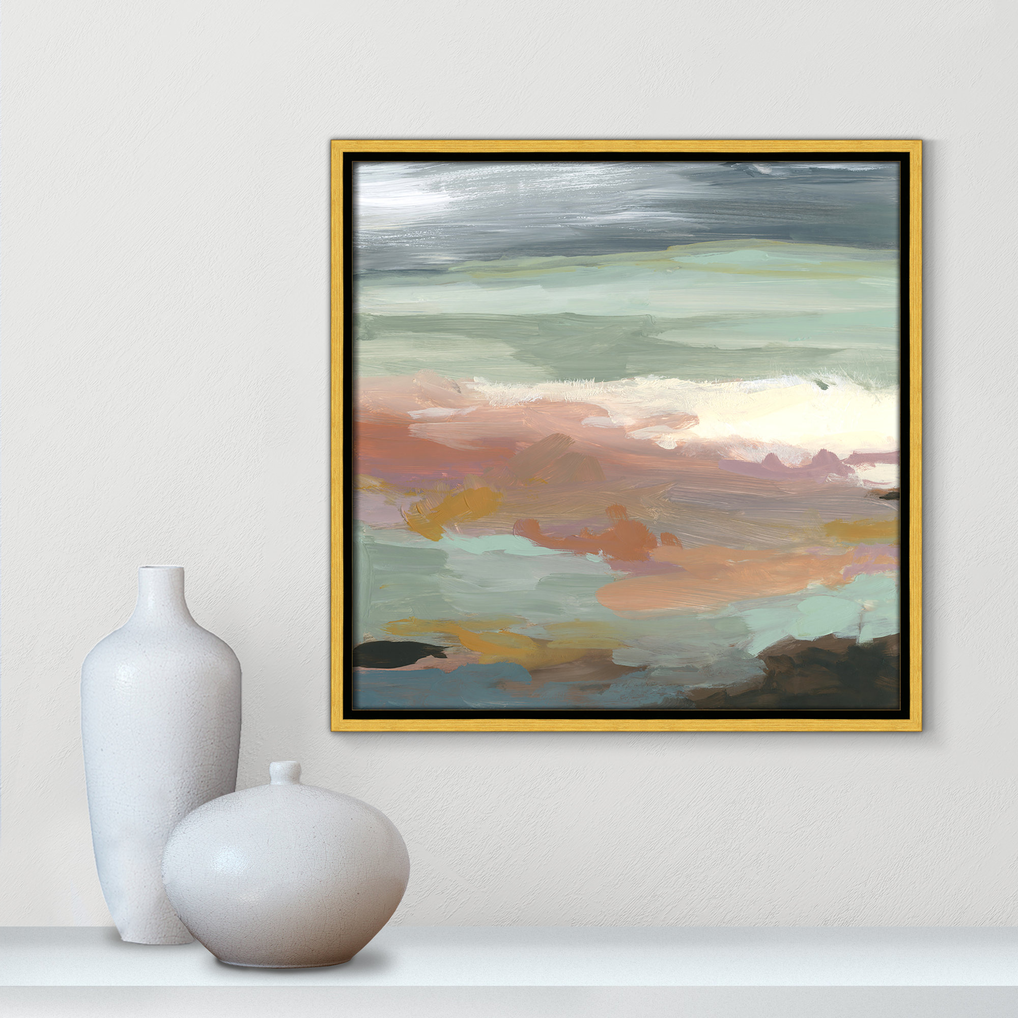 Ocean Bluffs by Carol Robinson - Painting Print on Paper, Picture Framed Canvas, 17.5" H x 17.5" W, Gold
