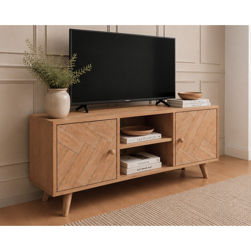 Solid Mango Wood TV Stand Cabinet With 2 Doors & Open Shelving – Wooden Media Unit Entertainment Console – No Veneer Rustic TV Unit With Geometric Pattern Doors Only Legs To Attach