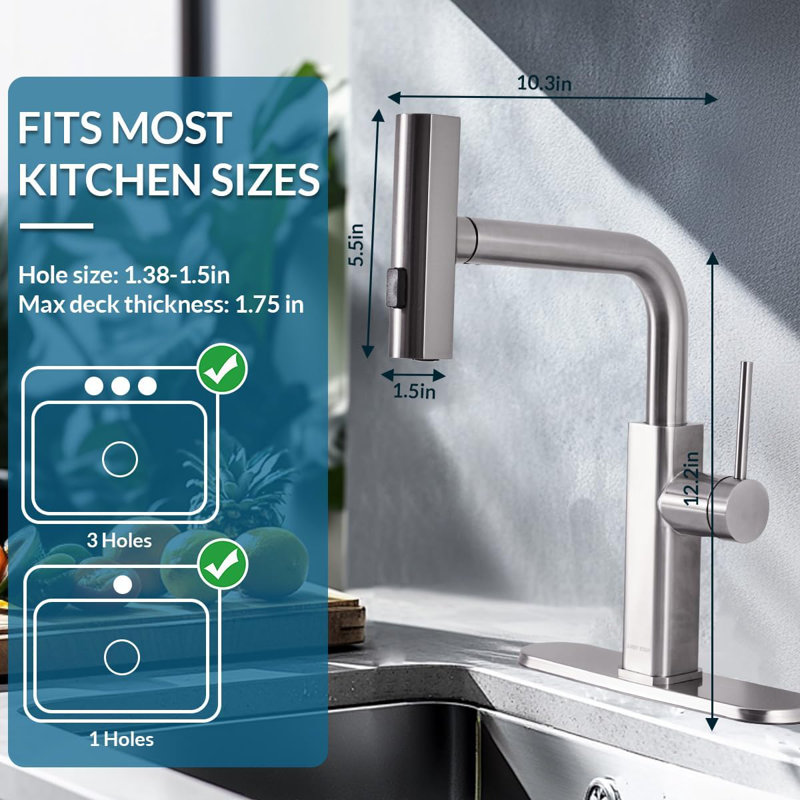 Robinet de cuisine moderne en acier inoxydable avec douchette extractible 3 modes de débit, Nickel poli
